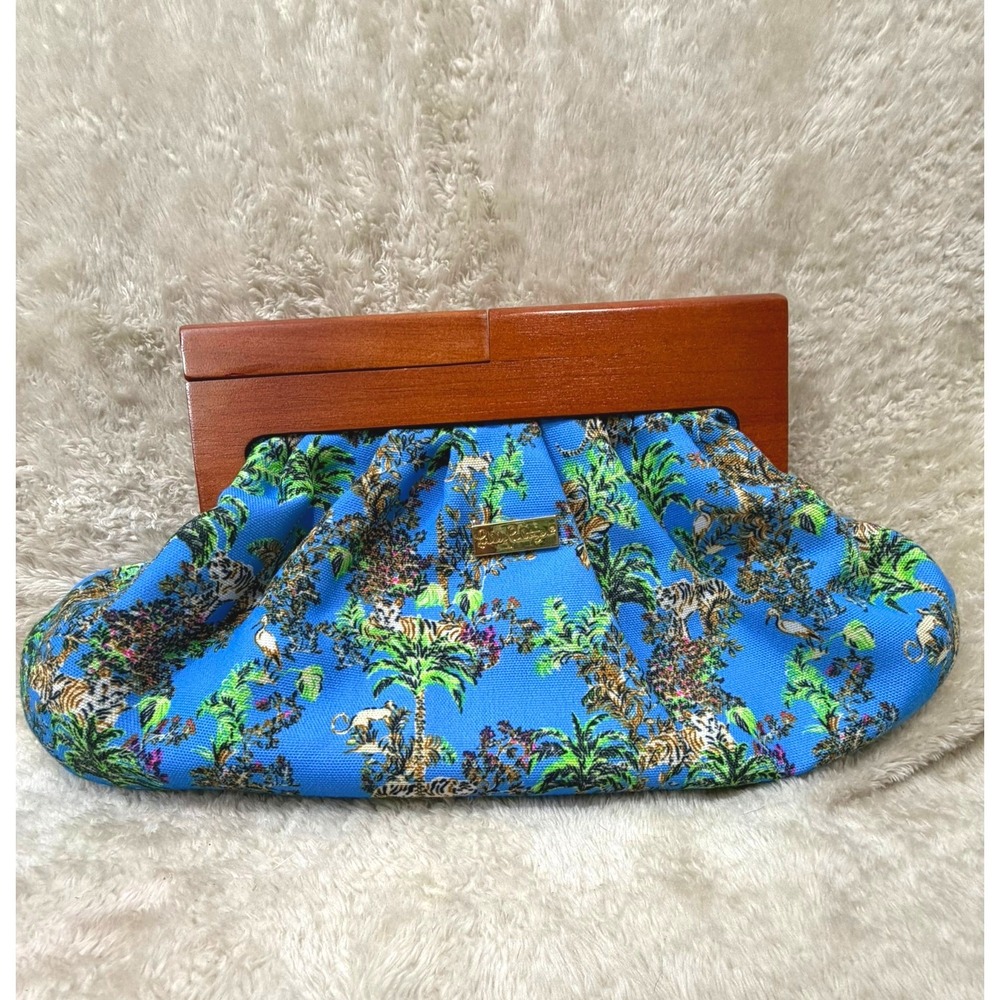 Lilly Pulitzer Wood Frame Clutch Blue Jungle Tiger Print NEW